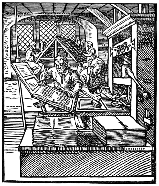 Black and white drawing to two men at a printing press, 16th century.