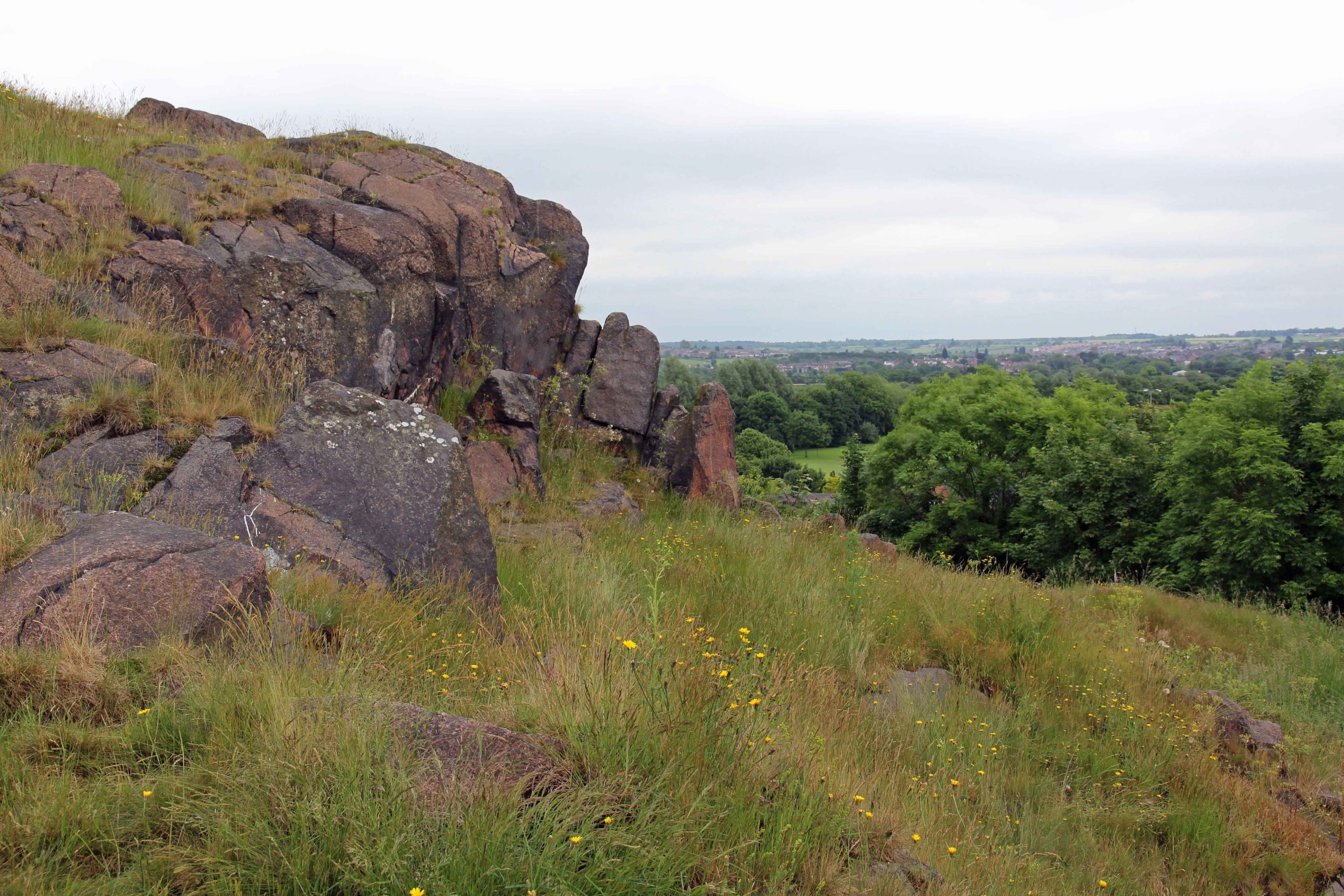 A landscape view with a granite outcrop to the left of the image on a hill. To the right of the image is landscape studded with trees.
